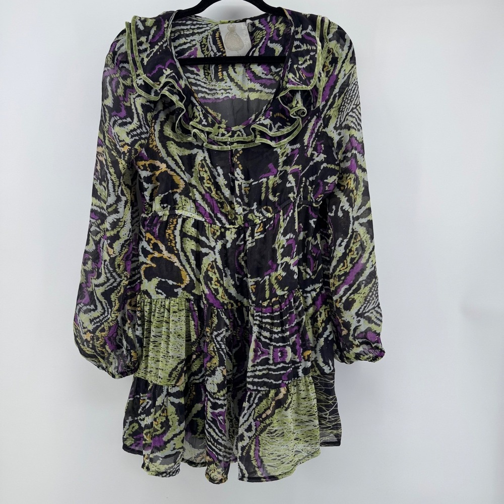 Twelve by Twelve Womens Large‎ Y2K Boho Ruffle Sheer Chiffon Top Whimsigoth